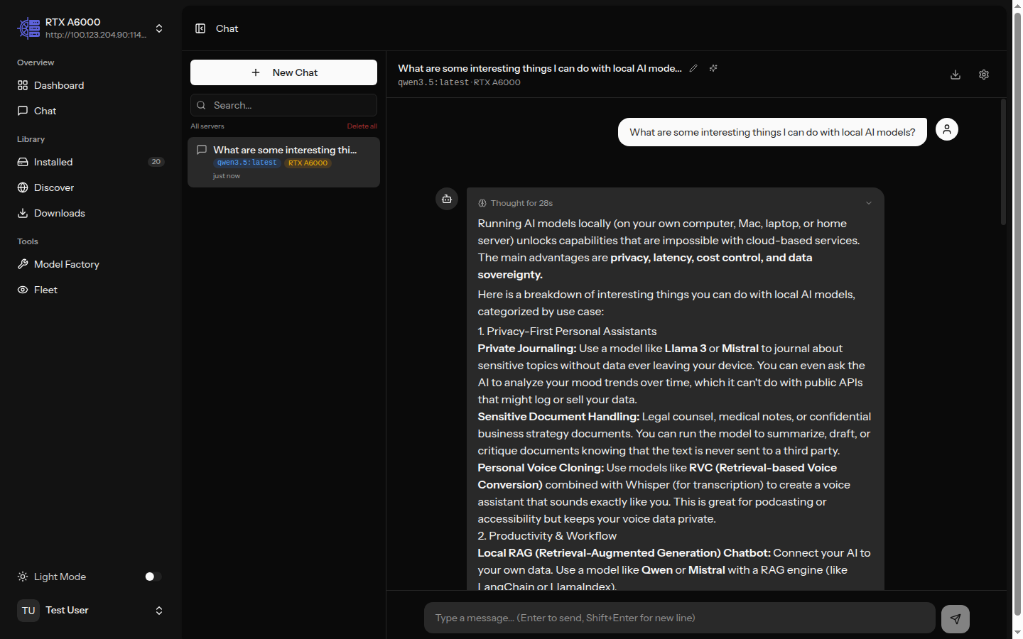 Chat interface with streaming responses and code highlighting
