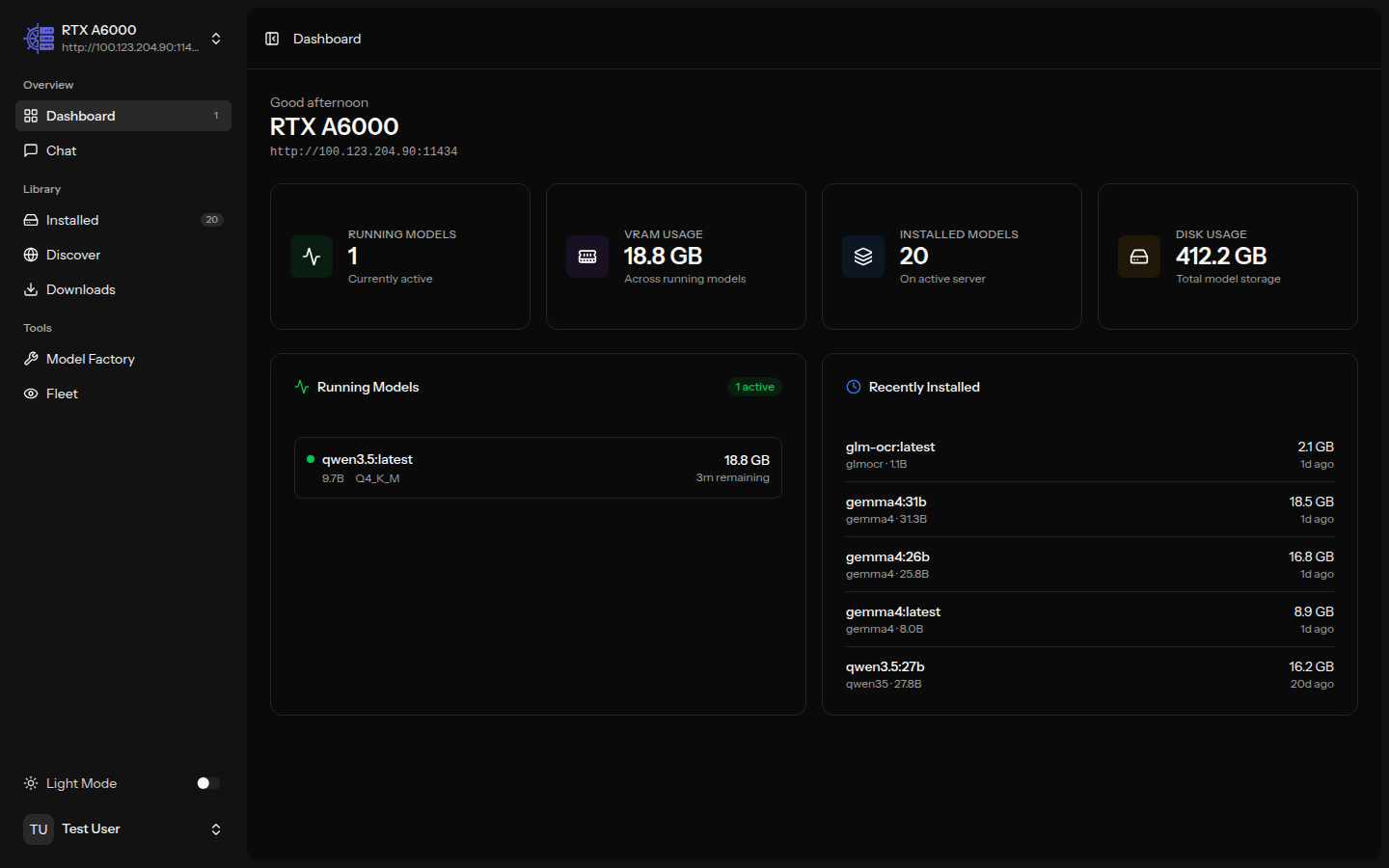 OllamaHelm Dashboard showing real-time server metrics, running models, and resource usage