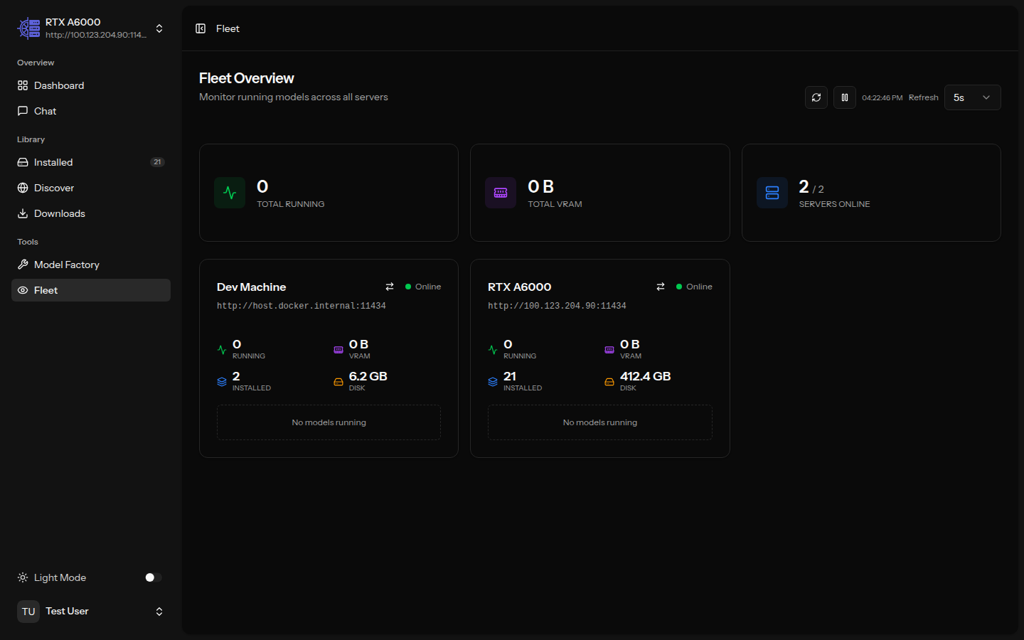 Fleet monitoring dashboard showing multi-server VRAM and disk usage