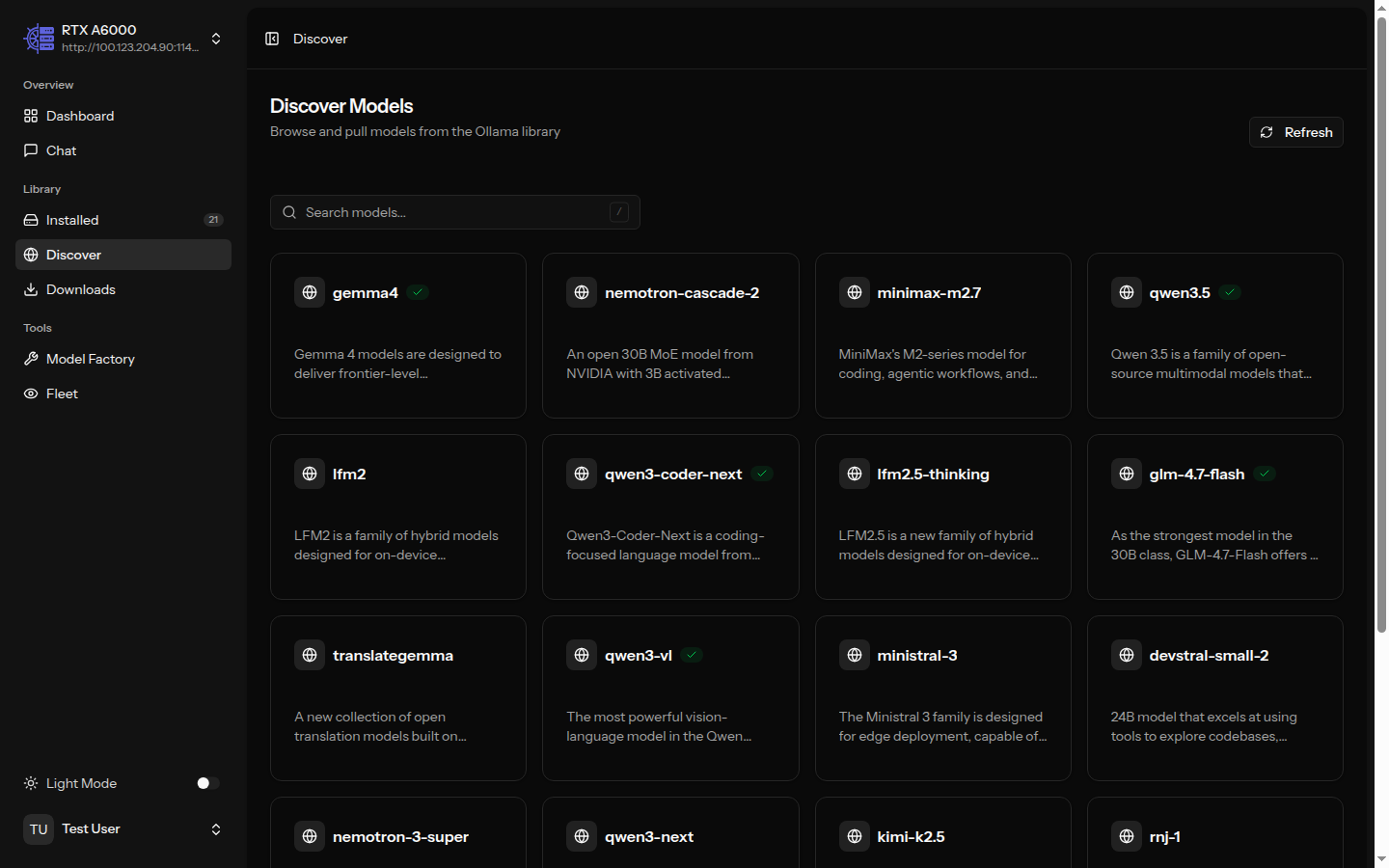 Model library with capability badges and installed indicators