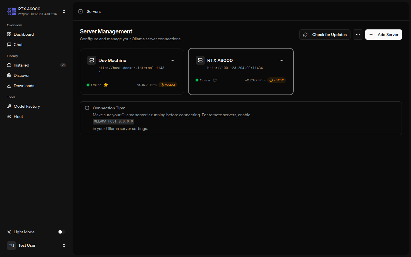 Server management page with connection status and details